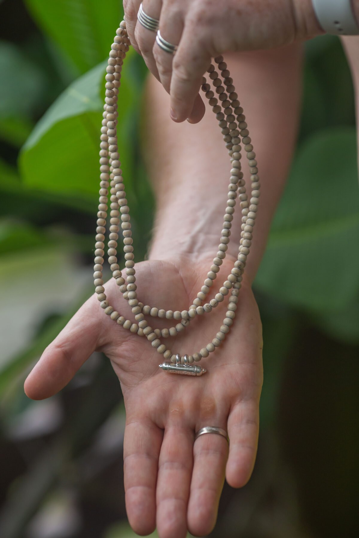 Three rows Tulasi Kanthimala with Silver Kavacha from UGram Nrisimhadev. Handmade tulsi Kanthimala, necklace - hare krishna kanthi mala