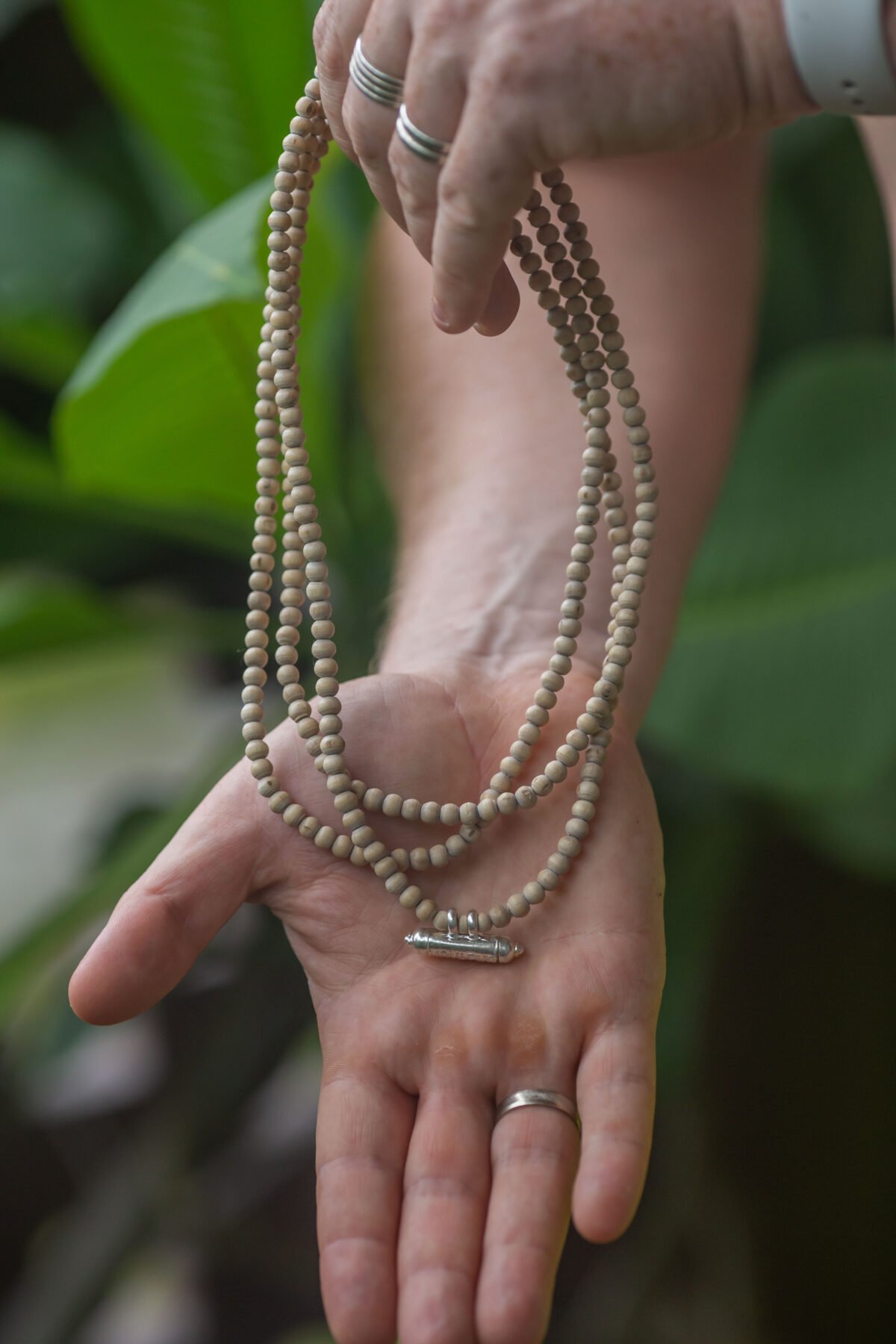 Three rows Tulasi Kanthimala with Silver Kavacha from UGram Nrisimhadev. Handmade tulsi Kanthimala, necklace - hare krishna kanthi mala