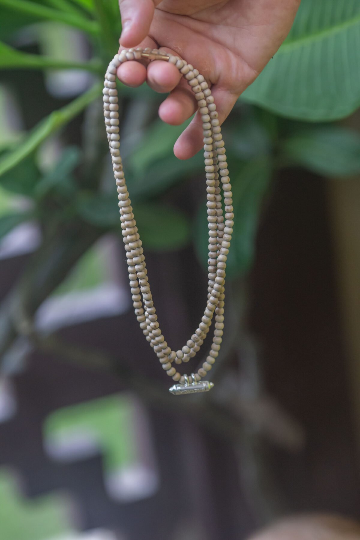 Three rows Tulasi Kanthimala with Silver Kavacha from UGram Nrisimhadev. Handmade tulsi Kanthimala, necklace - hare krishna kanthi mala