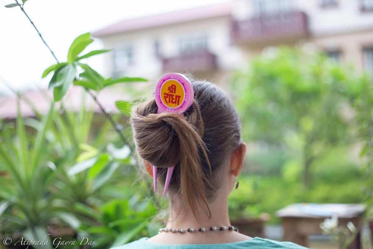 Shri Radhe Hairpin made of wood, Krishna style, Radhe Style, Vrindavan mood., amazing Form of Krishna.Krishna Style