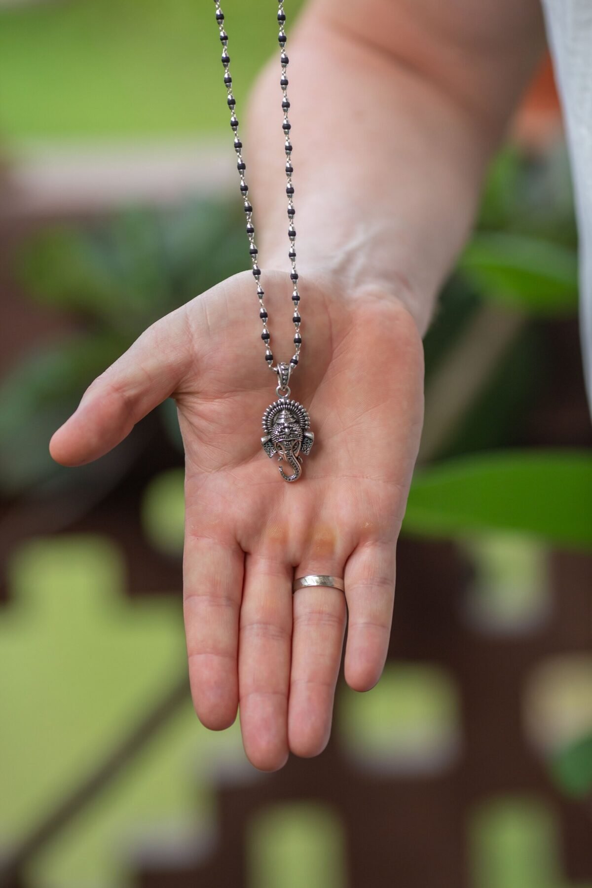 Tulasi Silver with Ganesha  silver pendant .  Handmade tulsi  necklace - hare krishna kanthi mala, , Krishna Style, Holy name