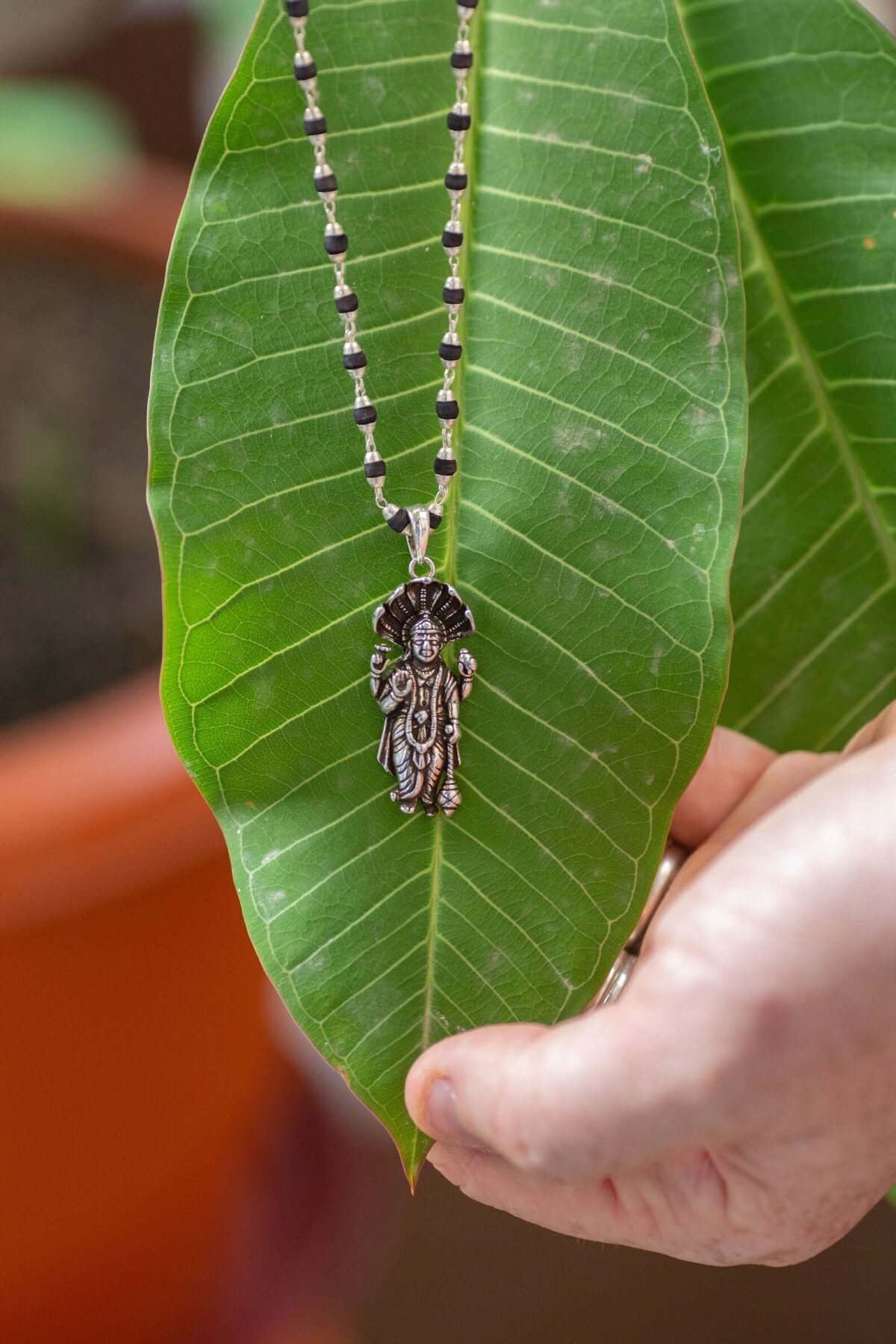 Tulasi Silver with Lord Narayana silver pendant .  Handmade tulsi  necklace - hare krishna kanthi mala, , Krishna Style, Holy name