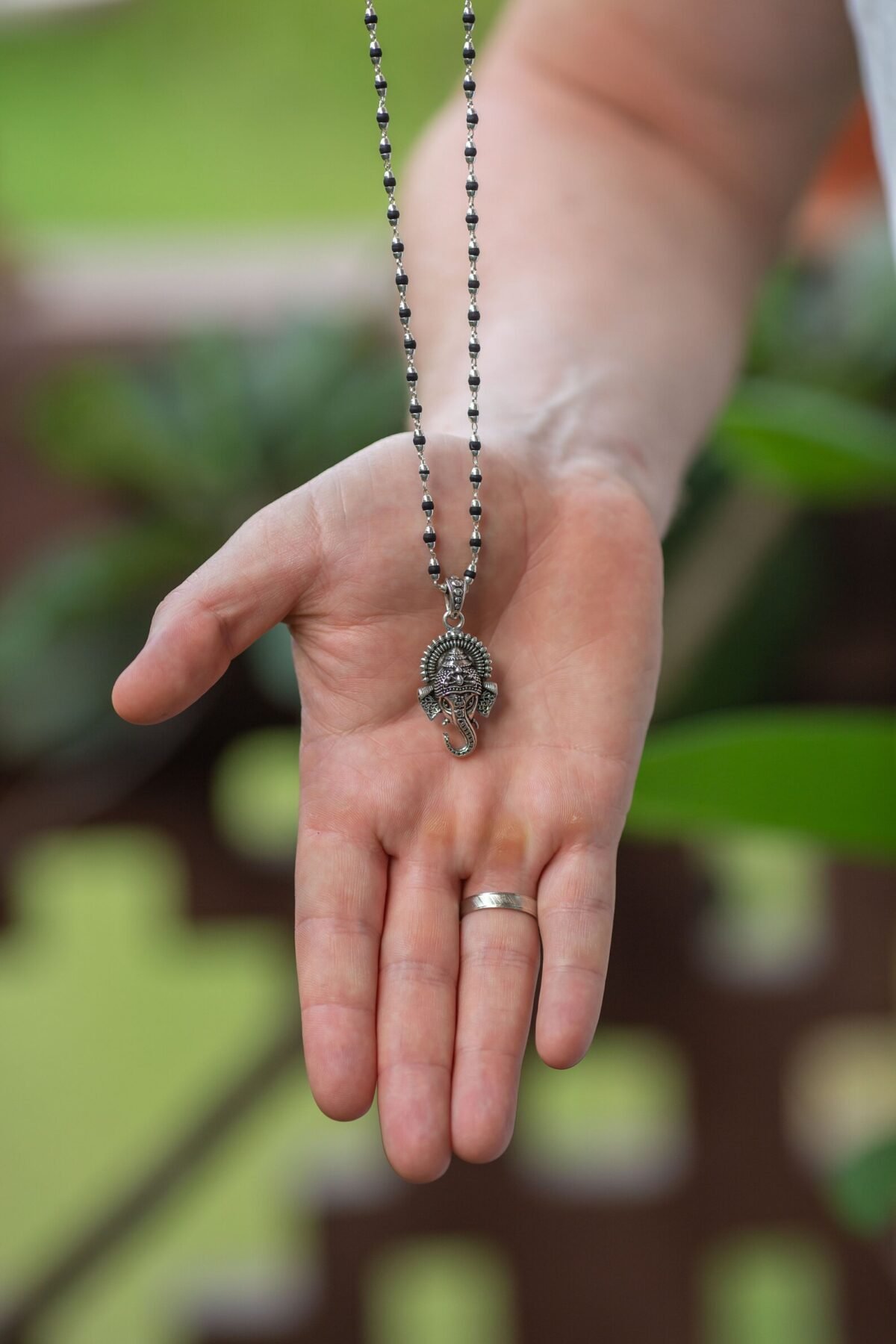 Tulasi Silver with Ganesha  silver pendant .  Handmade tulsi  necklace - hare krishna kanthi mala, , Krishna Style, Holy name