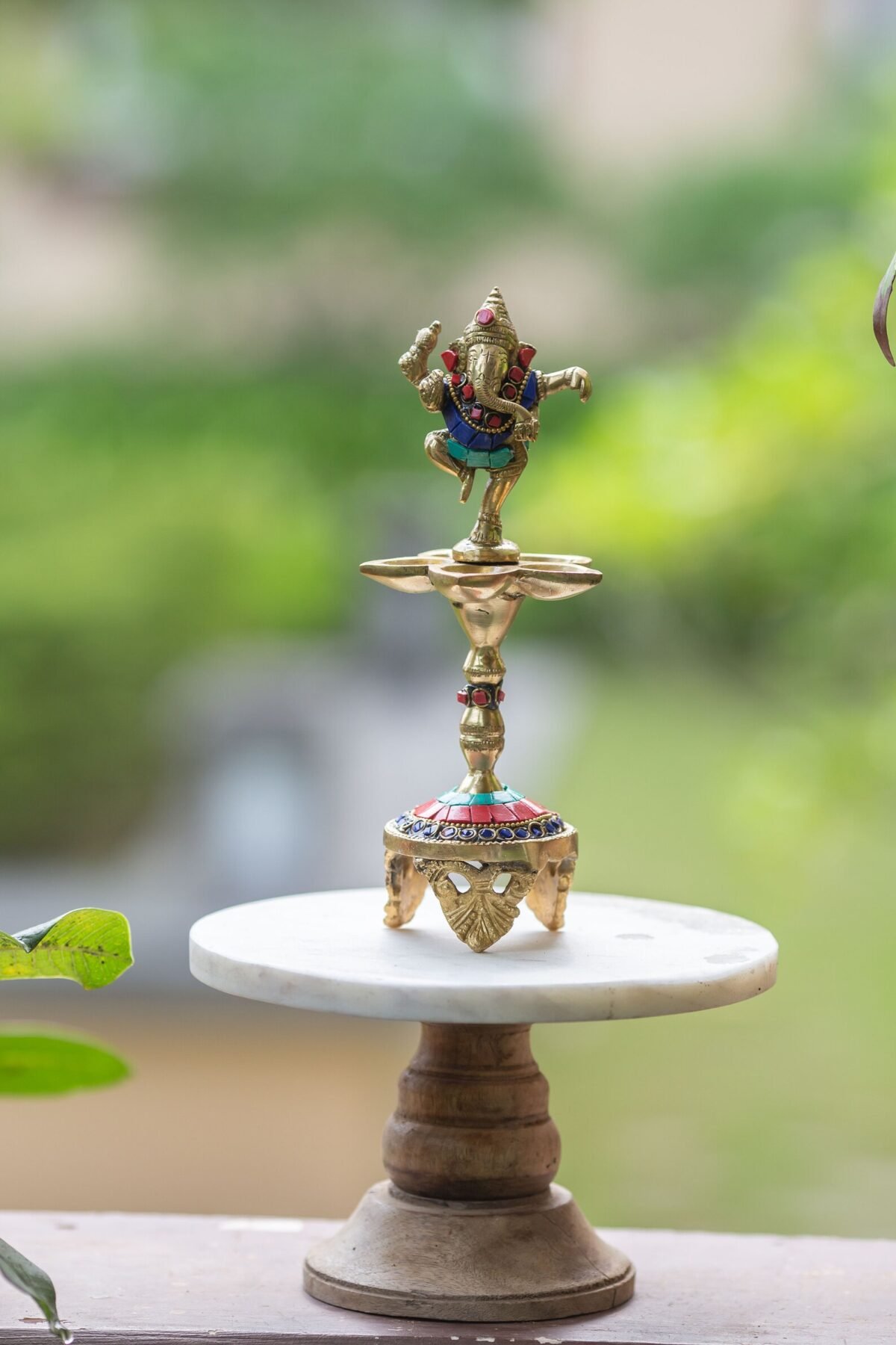 Dancing Ganesha Over Ethnic Legs Five Oil Wick Brass Diya Candlestick for wicks/lamps. Hare Krishna things