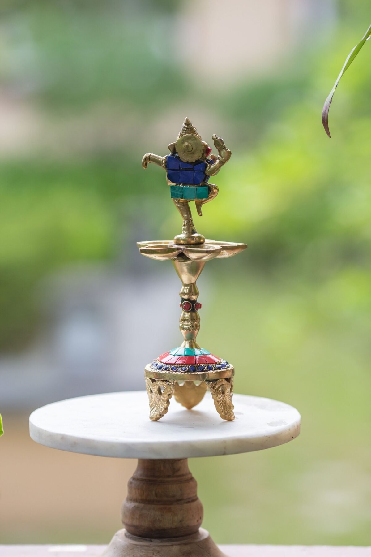 Dancing Ganesha Over Ethnic Legs Five Oil Wick Brass Diya Candlestick for wicks/lamps. Hare Krishna things