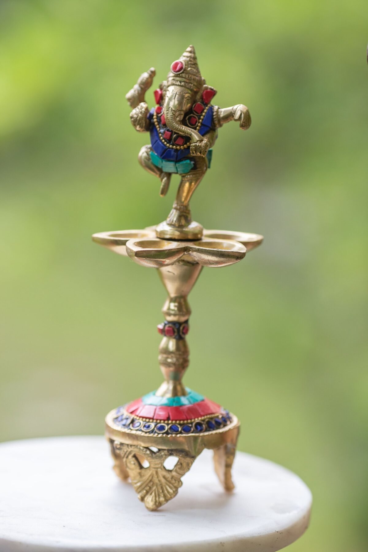 Dancing Ganesha Over Ethnic Legs Five Oil Wick Brass Diya Candlestick for wicks/lamps. Hare Krishna things