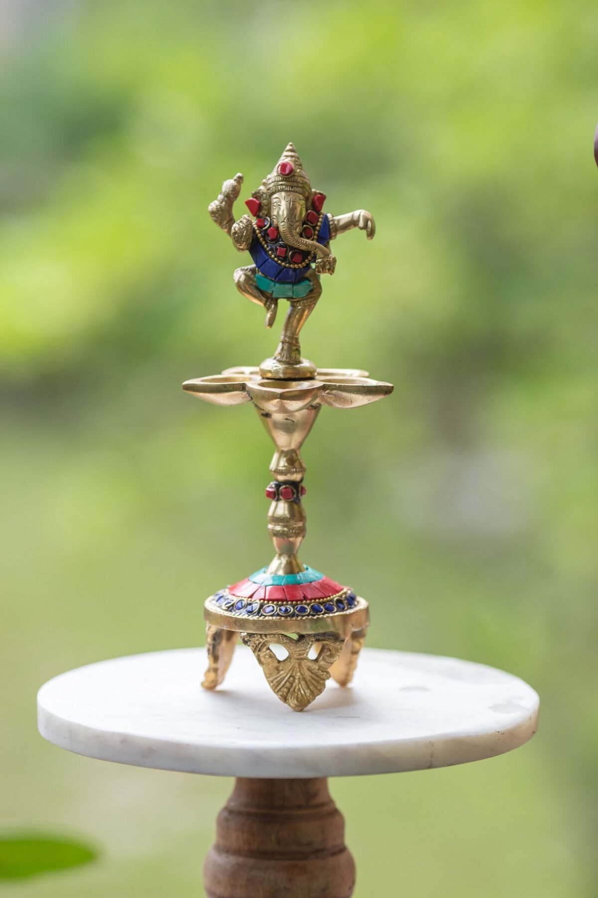 Dancing Ganesha Over Ethnic Legs Five Oil Wick Brass Diya Candlestick for wicks/lamps. Hare Krishna things