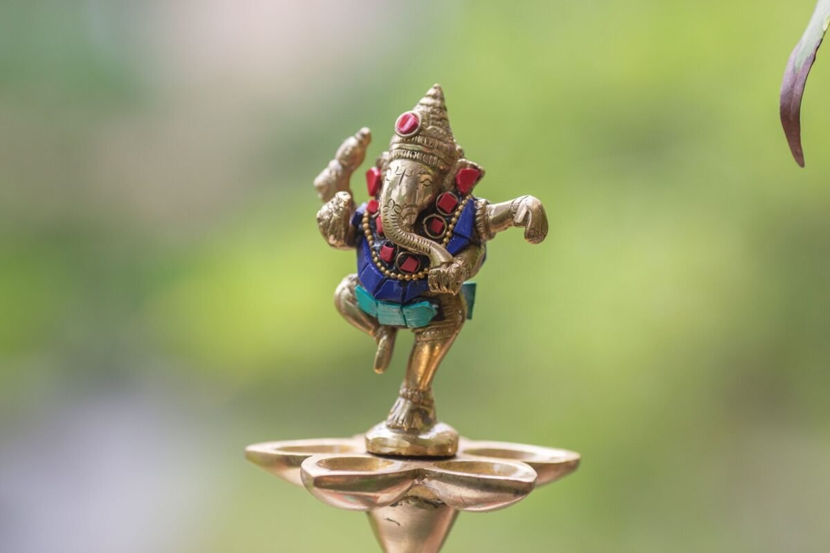 Dancing Ganesha Over Ethnic Legs Five Oil Wick Brass Diya Candlestick for wicks/lamps. Hare Krishna things