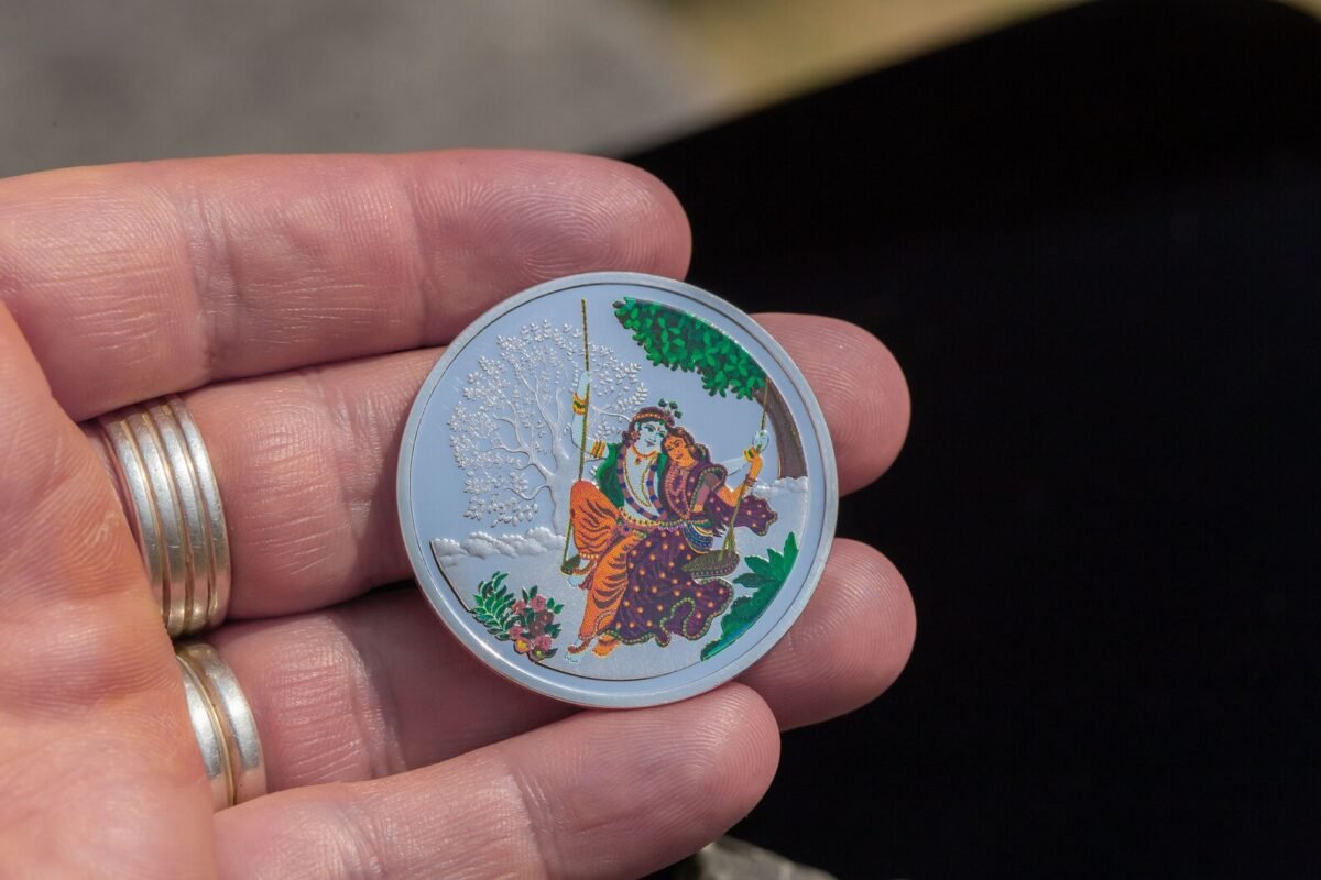 Silver coin with Radha Krishna 20 grams, spiritual things, Hare Krishna coin.