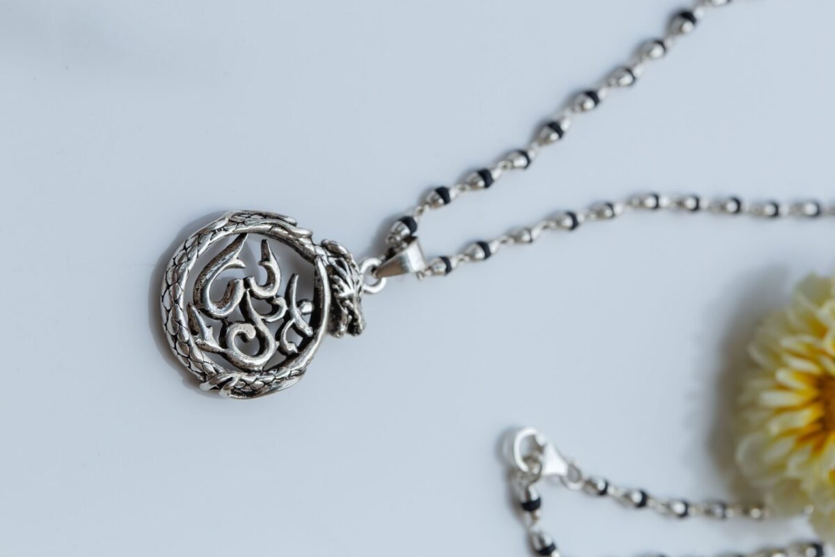 Dragon Om silver pendant  with  Tulasi Silver .  Handmade tulsi  necklace - hare krishna kanthi mala, , Krishna Style, Holy name