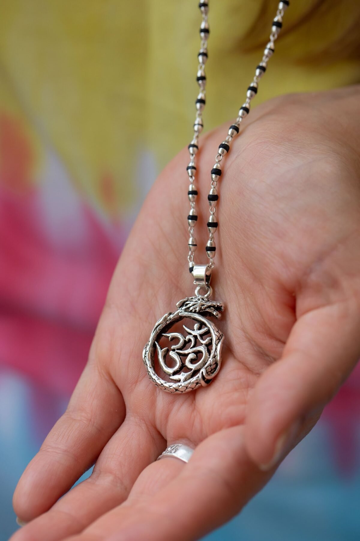 Dragon Om silver pendant  with  Tulasi Silver .  Handmade tulsi  necklace - hare krishna kanthi mala, , Krishna Style, Holy name