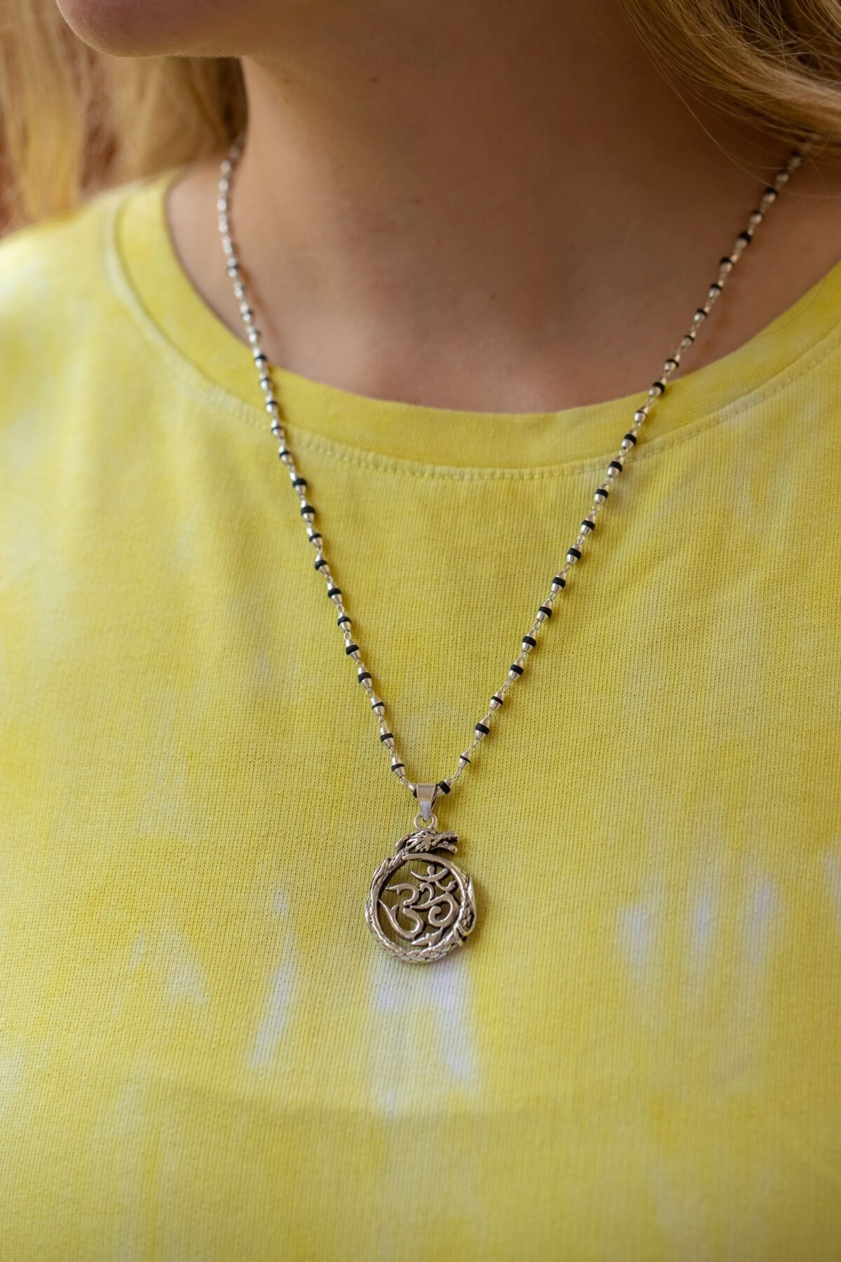 Dragon Om silver pendant  with  Tulasi Silver .  Handmade tulsi  necklace - hare krishna kanthi mala, , Krishna Style, Holy name