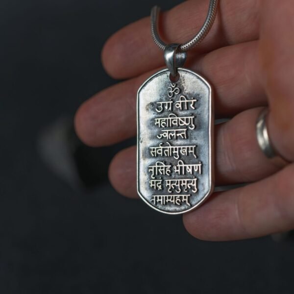 Narasimha Pendant one side , second side Mahamantra with silver Chain . Handmade tulsi necklace - hare , , Krishna Style