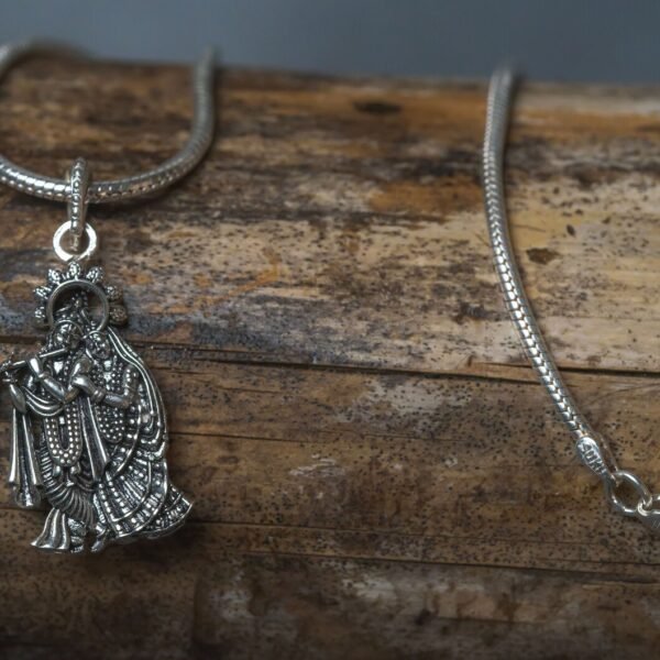 Silver Chain with Radha Krishna silver pendant. Handmade necklace - hare krishna kanthi mala, , Krishna Style, Holy name