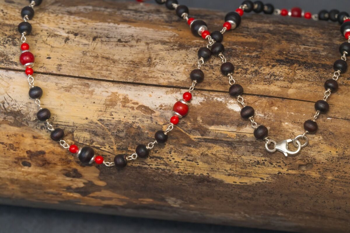 1 round Silver Handmade tulsi with red coral necklace - hare krishna kanthi mala, 1 round, Krishna Style, Holy name