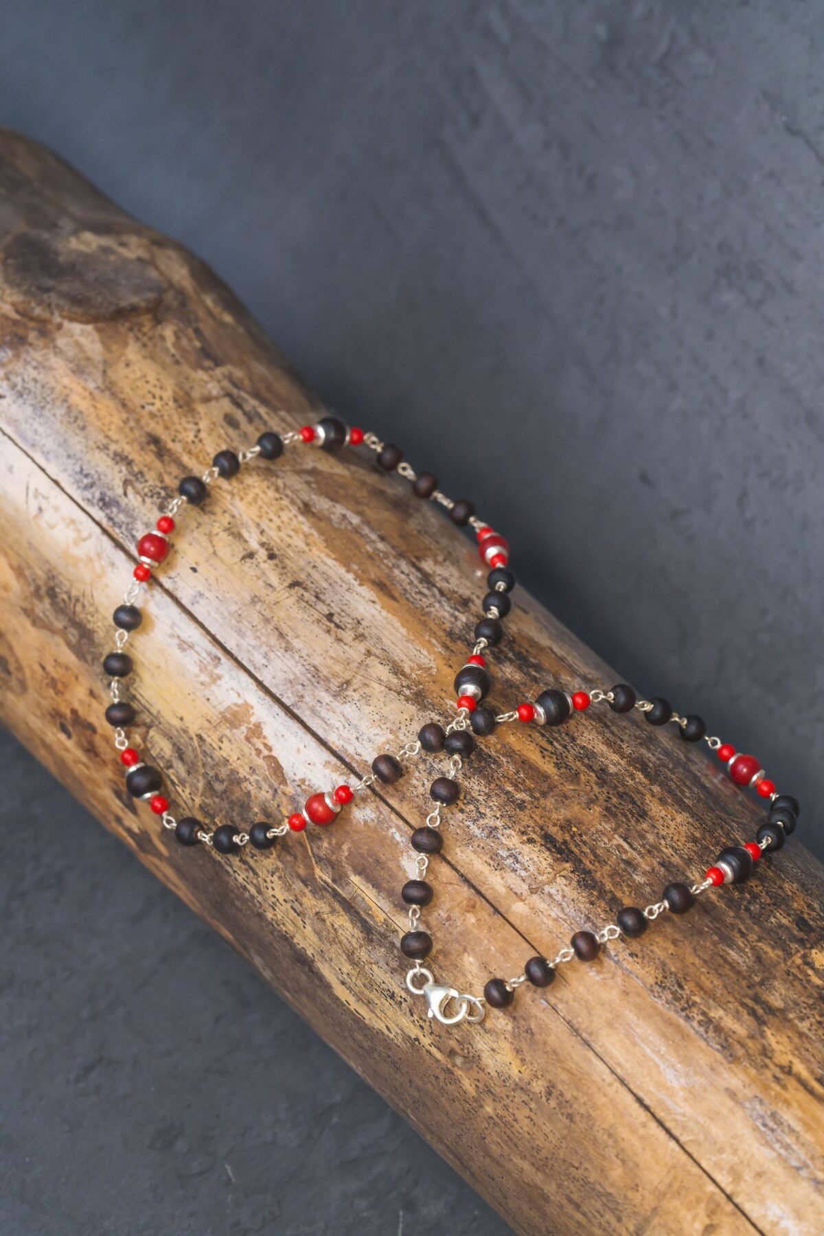 1 round Silver Handmade tulsi with red coral necklace - hare krishna kanthi mala, 1 round, Krishna Style, Holy name