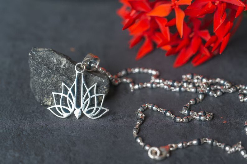 Lotus and Tilak Pendant with Silver Tulasi Kanthimala . Handmade tulsi necklace - hare Krishna Style