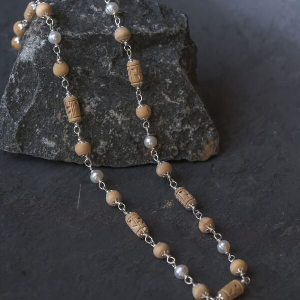Radha Silver Handmade tulsi with pearls necklace - hare krishna kanthi mala, 1 round, Krishna Style, Holy name