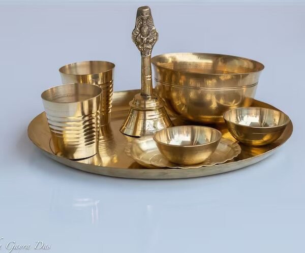 Bhoga tray (food offerings) with cups and plates, bell, Achama, incense stand. Hare Krishna things, Spiritual things.Vintage