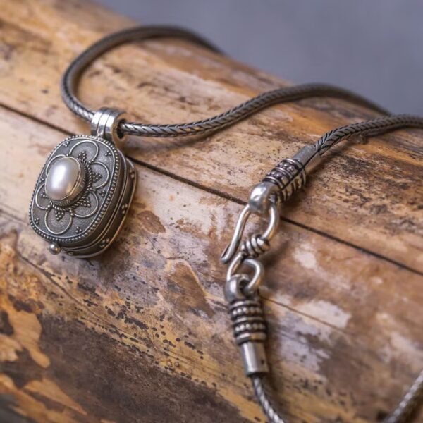 Silver Kavacha /Pendant with pearls with  chain Handmade , Hare Krishna, Krishna Style, kanthimala, Tulasi pandent