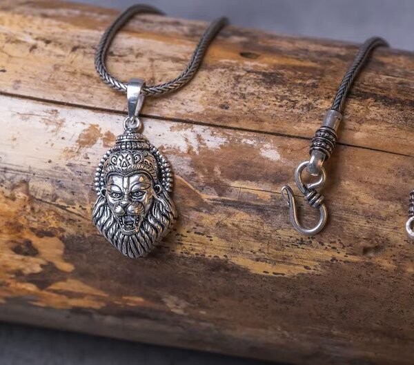 Narasimha Pendant with silver Chain. Handmade tulsi necklace - hare , , Krishna Style