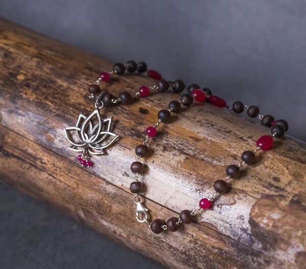 Lotus Pendant with Silver Tulasi Kanthimala. Handmade tulsi necklace - hare Krishna Style