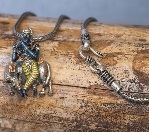 Krishna silver pendant and silver chain. Handmade tulsi necklace -hare krishna, Krishna Style, Holy name