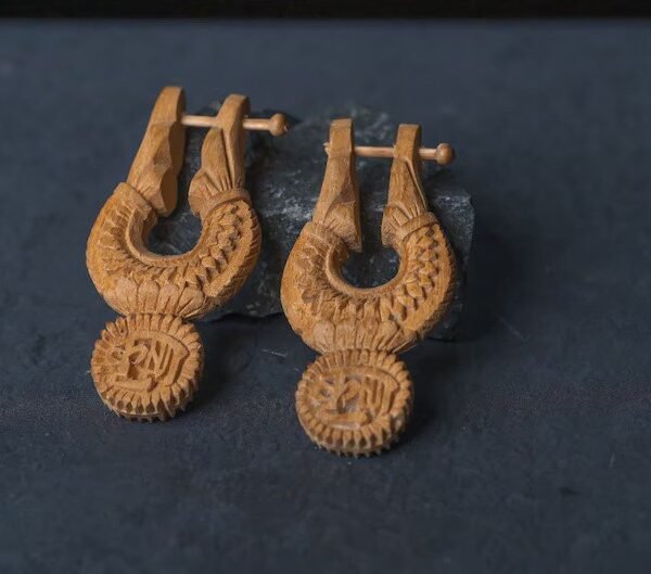 Handmade earrings from Wooden with Shri Radhe name 1.8' Inches. Mahaprasad from Mayapur, Radhe Style, Hare Krishna