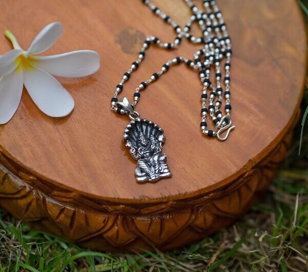 Laxmi Narasimhadev silver pendant with Tulasi Silver chain   .  Handmade tulsi  necklace - hare krishna kanthi mala, , Krishna Style