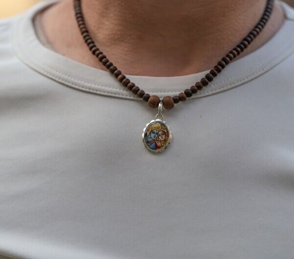 Silver Pendant with Radha Krishna ,Handmade tulsi Radha Krishna necklace - hare krishna kanthi mala, Holy name