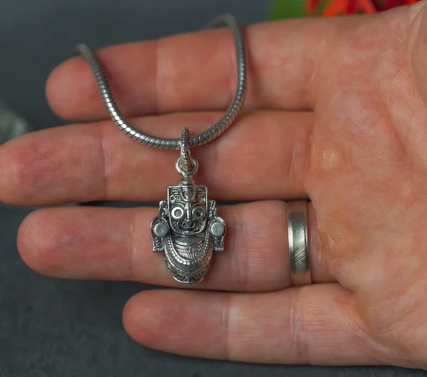 Silver Chain with Jagannath silver pendant . Tree Muhki face Handmade tulsi necklace -hare krishna kanthi mala, , Krishna Style, Holy name
