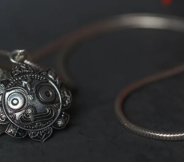 Silver Chain with Jagannath silver pendant . Tree Muhki face Handmade tulsi necklace -hare krishna kanthi mala, , Krishna Style, Holy name
