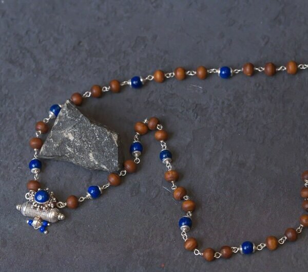 Lapis stones Tulasi mala with silver Pendant (kavacha) . Handmade tulsi necklace - hare krishna kanthi mala, , Krishna Style