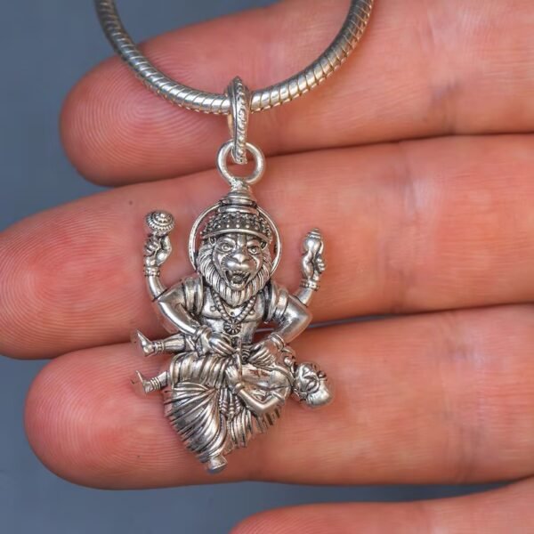 Ugram Narasimha silver Pendant (kavacha) with silver Chain . Handmade tulsi necklace - hare krishna kanthi mala, , Krishna Style