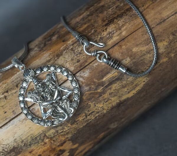 Unique Narasimha Pendant with silver Chain. Handmade tulsi necklace - hare , , Krishna Style