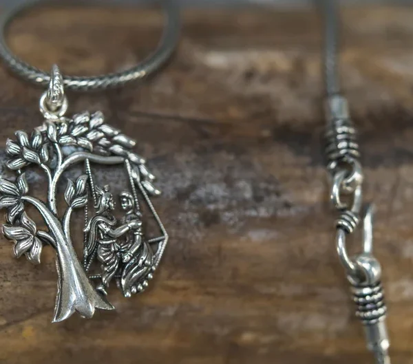 Silver Chain with Radha Krishna silver pendant. Handmade necklace - hare krishna kanthi mala, , Krishna Style, Holy name