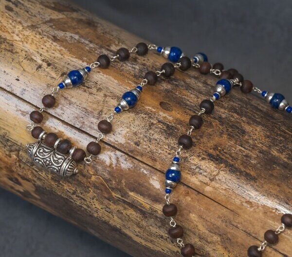 Silver Handmade tulsi with capped Lapis necklace - hare krishna kanthi mala, 1 round, Krishna Style, Holy name