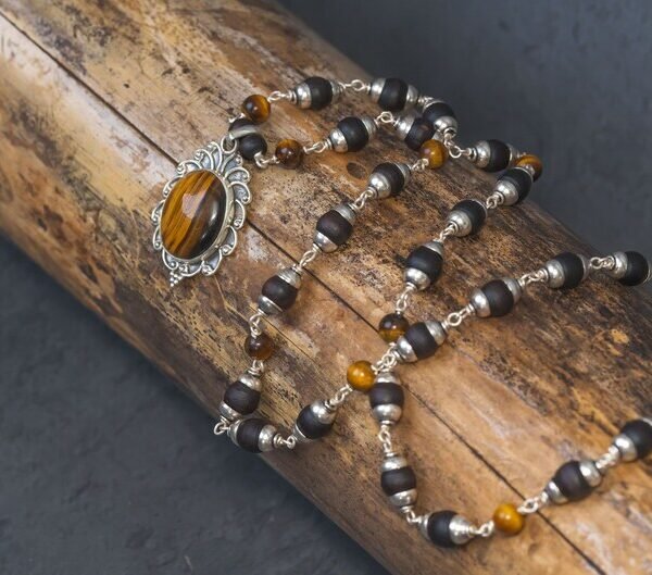 Tiger Pendant Handmade tulsi with Tiger stones necklace - hare krishna kanthi mala, 1 round, Krishna Style, Holy name