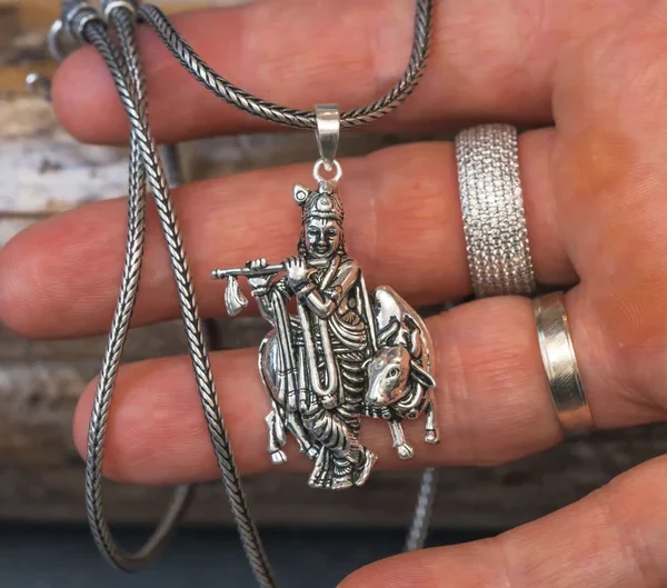 Krishna with Cow silver pendant and silver chain. Handmade tulsi necklace -hare krishna, Krishna Style, Holy name