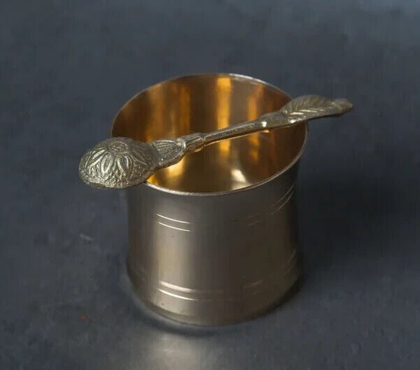 2 Inch Brass Achaman with spoon, Brass Panch Patra, Hare Krishna things, Spiritual things. Vintage, with Achmani Pooja Article