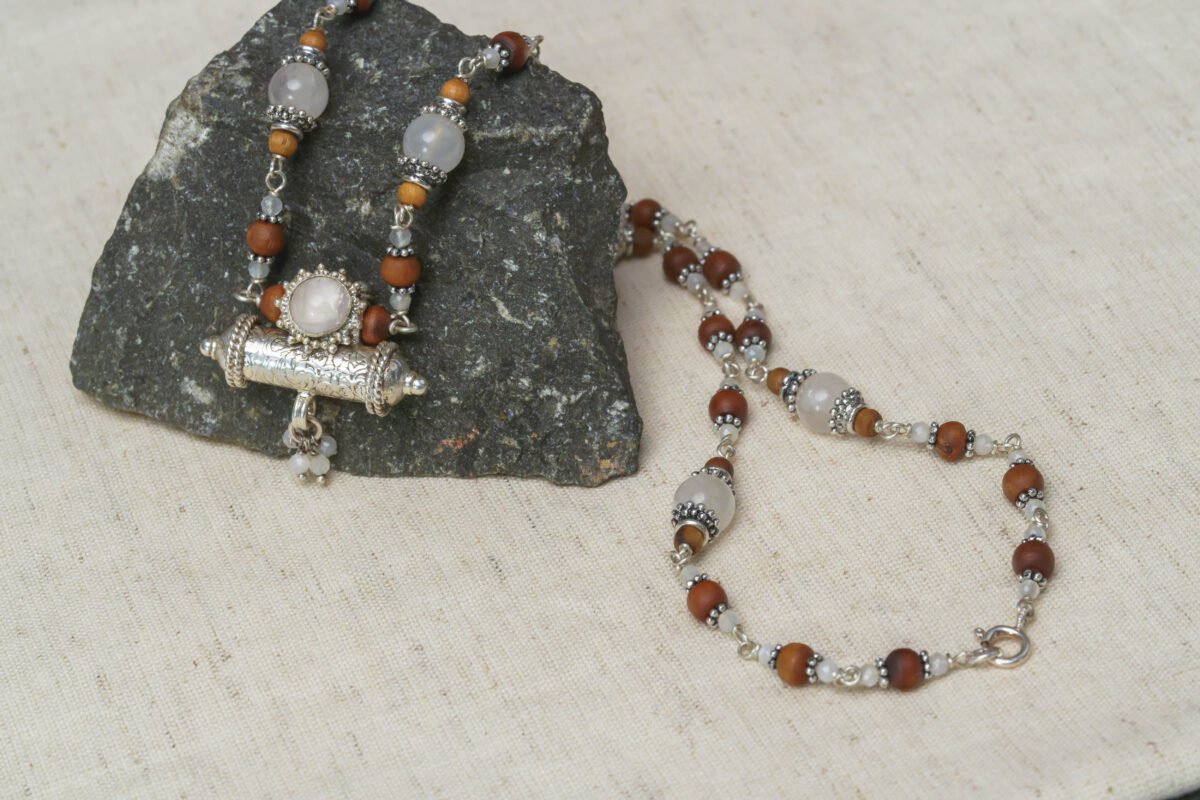 Yamuna Silver Tulasi with lapis stones necklace - hare krishna kanthi mala.