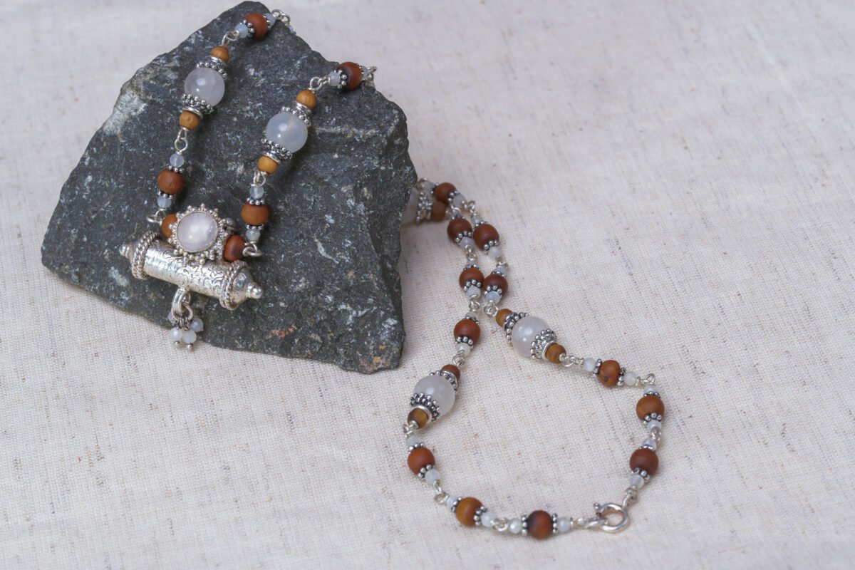 Yamuna Silver Tulasi with lapis stones necklace - hare krishna kanthi mala.