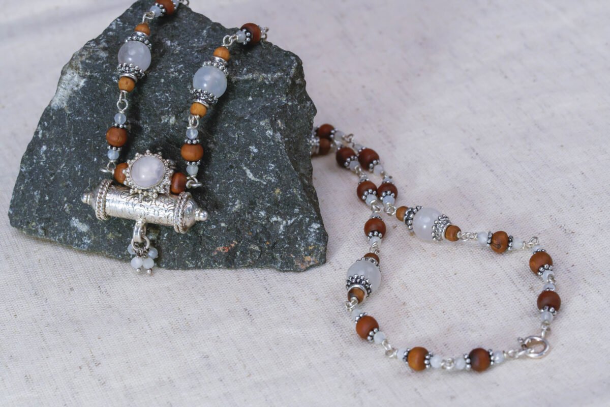 Yamuna Silver Tulasi with lapis stones necklace - hare krishna kanthi mala.