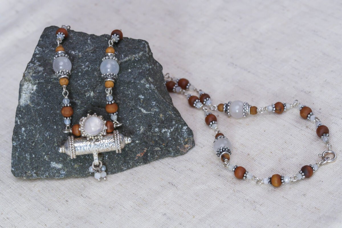 Yamuna Silver Tulasi with lapis stones necklace - hare krishna kanthi mala.