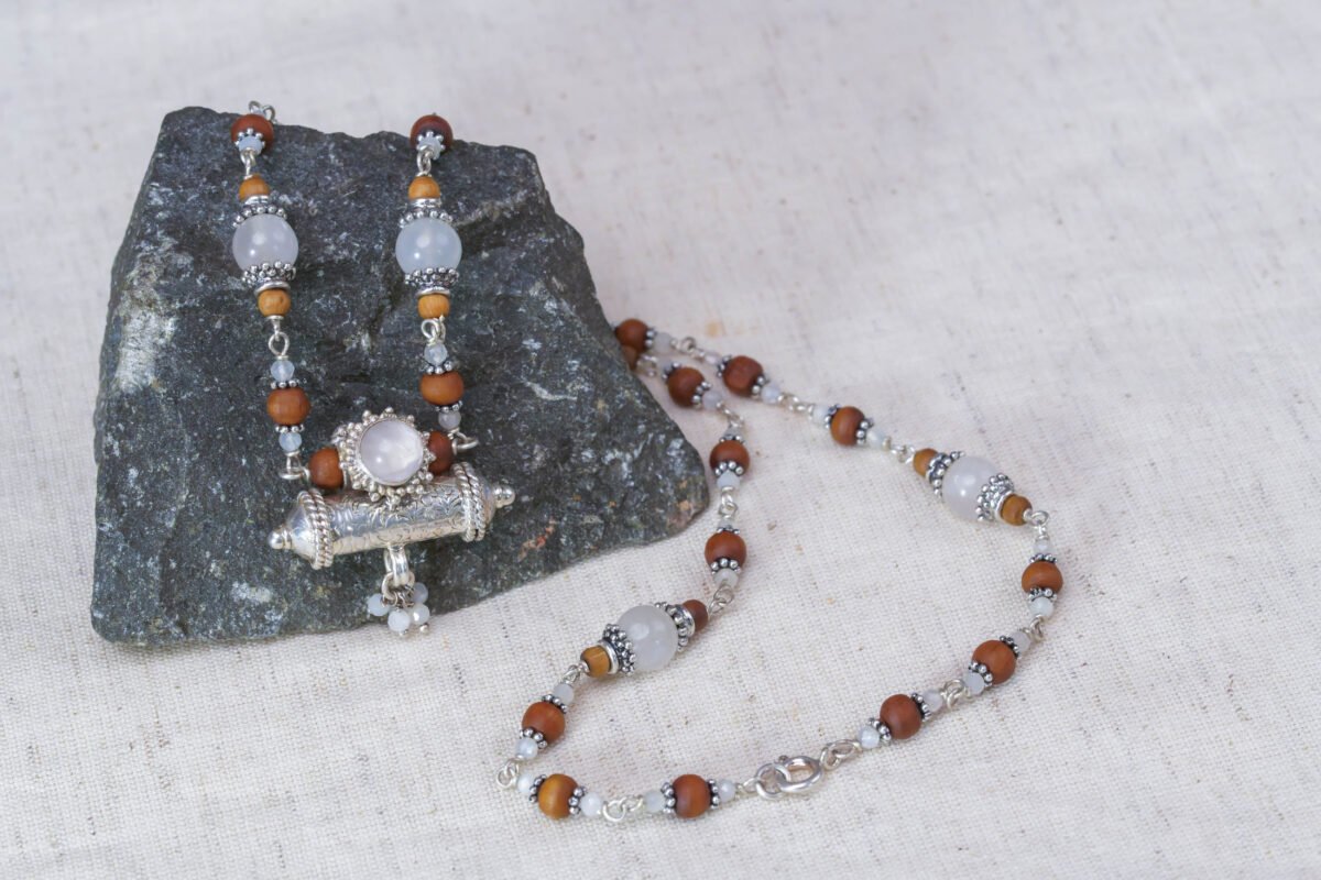 Yamuna Silver Tulasi with lapis stones necklace - hare krishna kanthi mala.