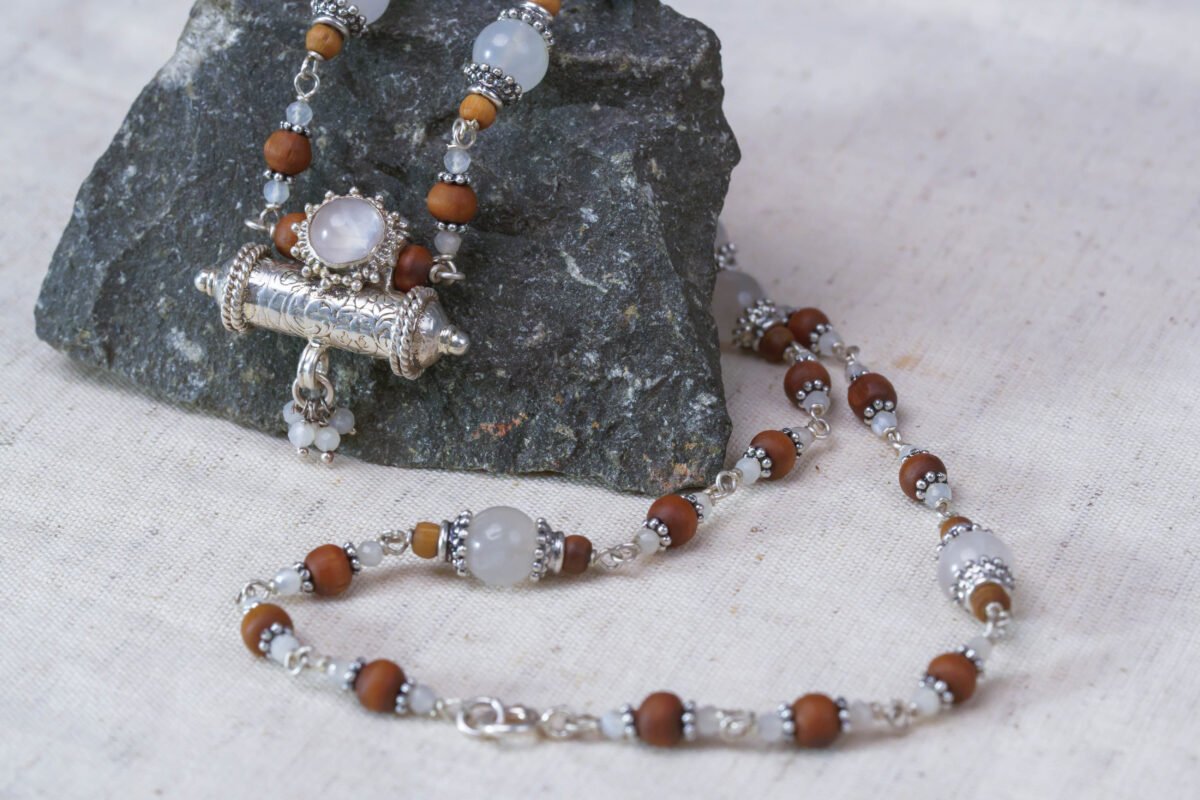 Yamuna Silver Tulasi with lapis stones necklace - hare krishna kanthi mala.