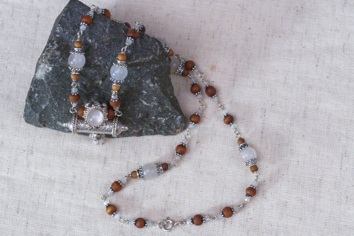 Yamuna Silver Tulasi with lapis stones necklace - hare krishna kanthi mala.