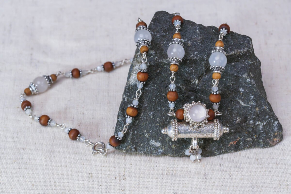 Yamuna Silver Tulasi with lapis stones necklace - hare krishna kanthi mala.