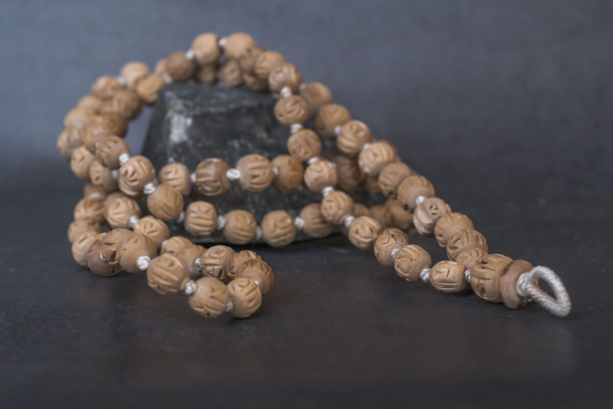 Natural Stylish Japa mala with Radhe carving Tulasi .Handmade tulsi Japa-hare krishna mala