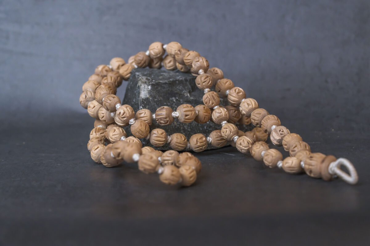 Natural Stylish Japa mala with Radhe carving Tulasi .Handmade tulsi Japa-hare krishna mala